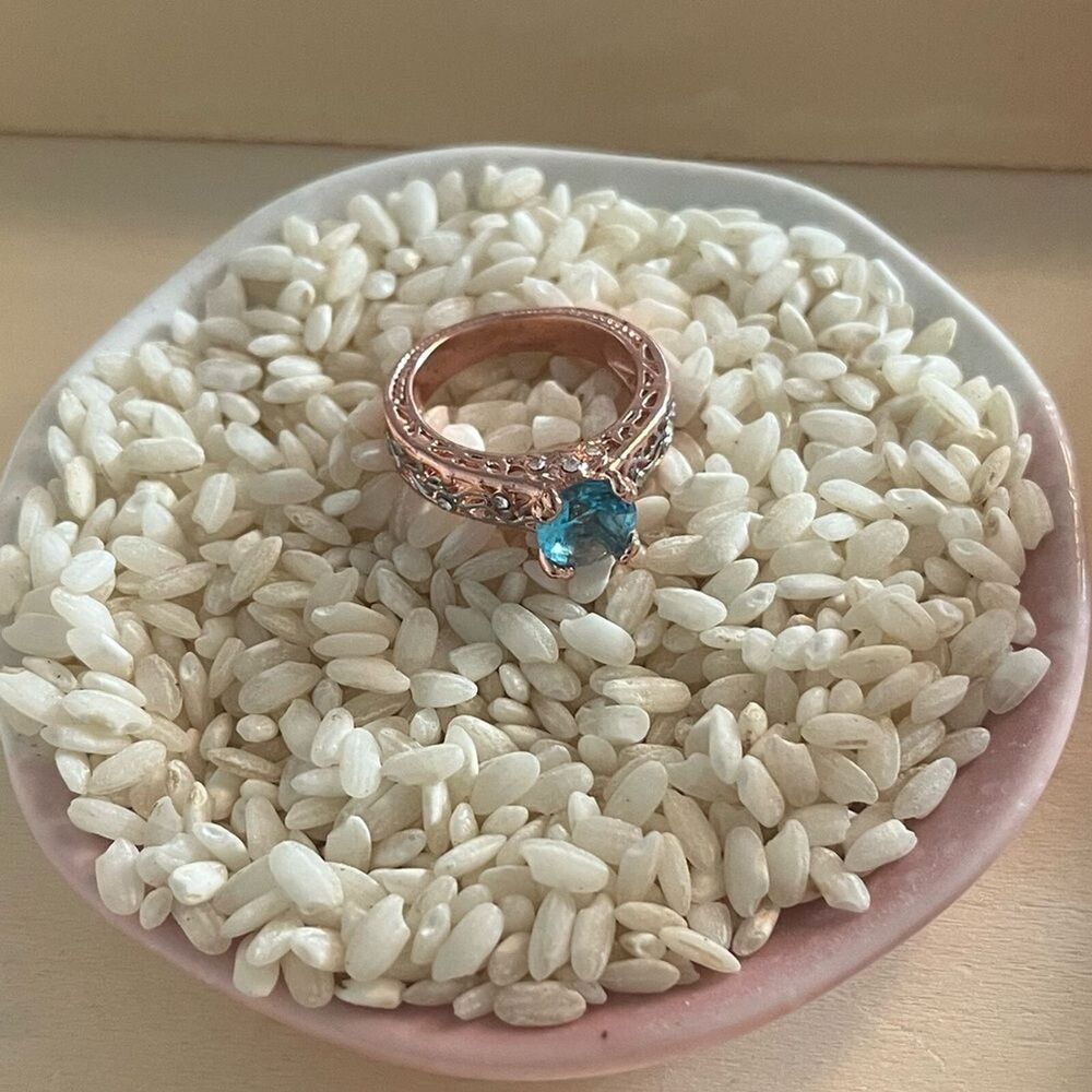 Rose Gold Aquamarine Gem Ring Crystal Accents Cocktail Sz 9